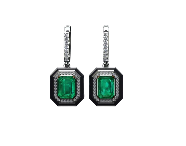 Серьги с изумрудом и ониксовой рамой
