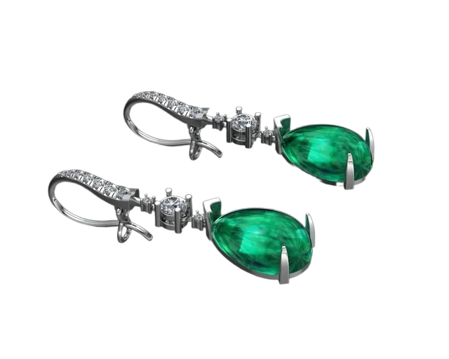 Серьги с изумрудным кабошоном и дорожкой