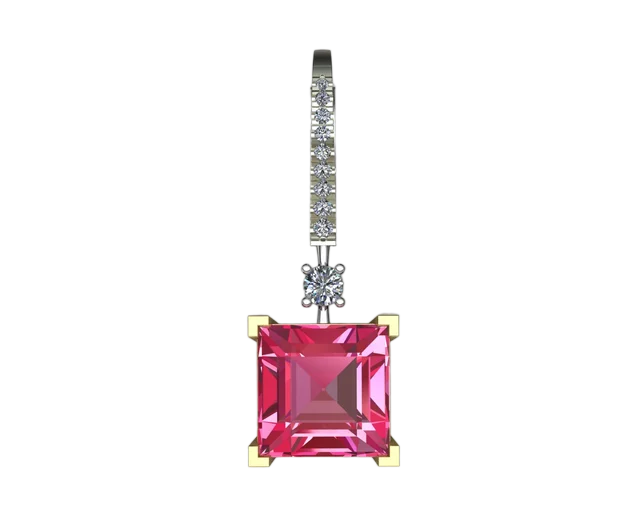 Серьги с розовым квадратным камнем и дорожкой