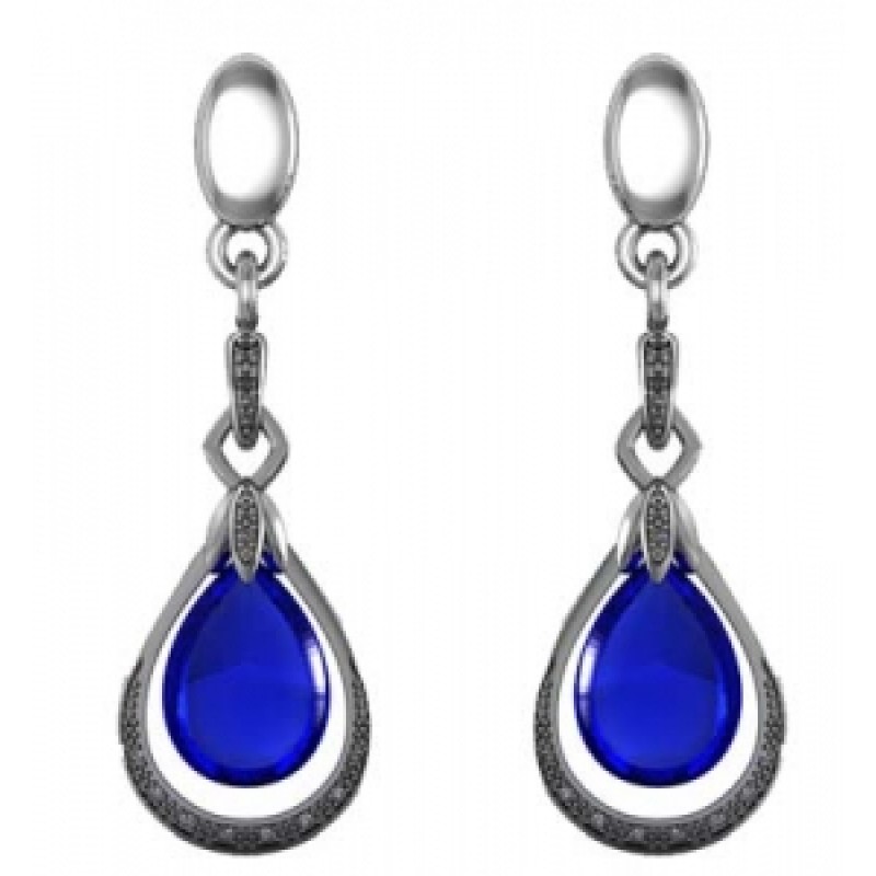 Серьги висячие с крупным камнем и дорожкой камней Os 1695